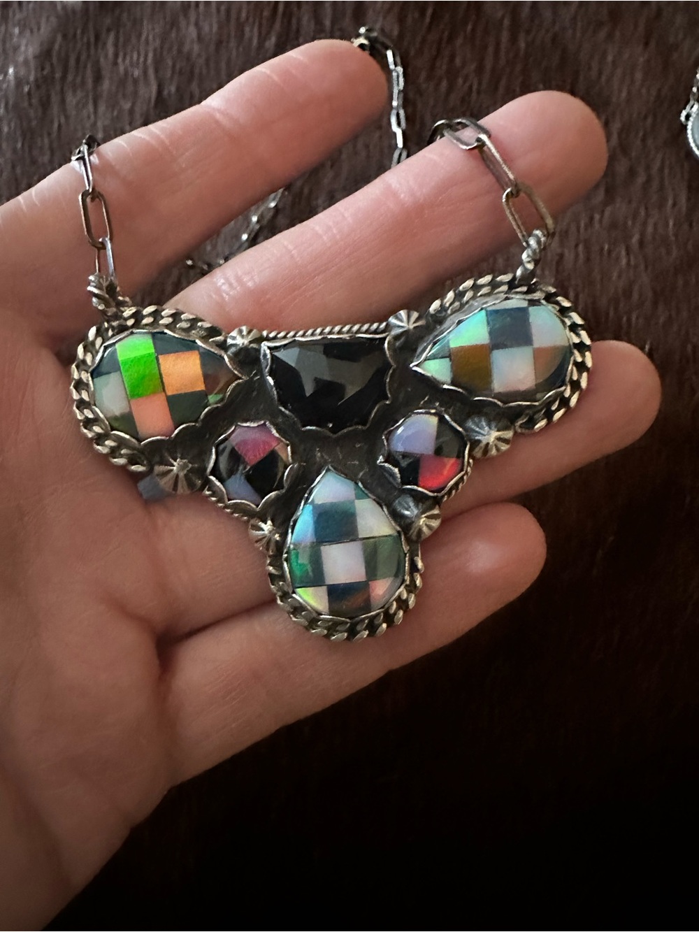 Checkered Aura Opal and black Onyx pendant necklace